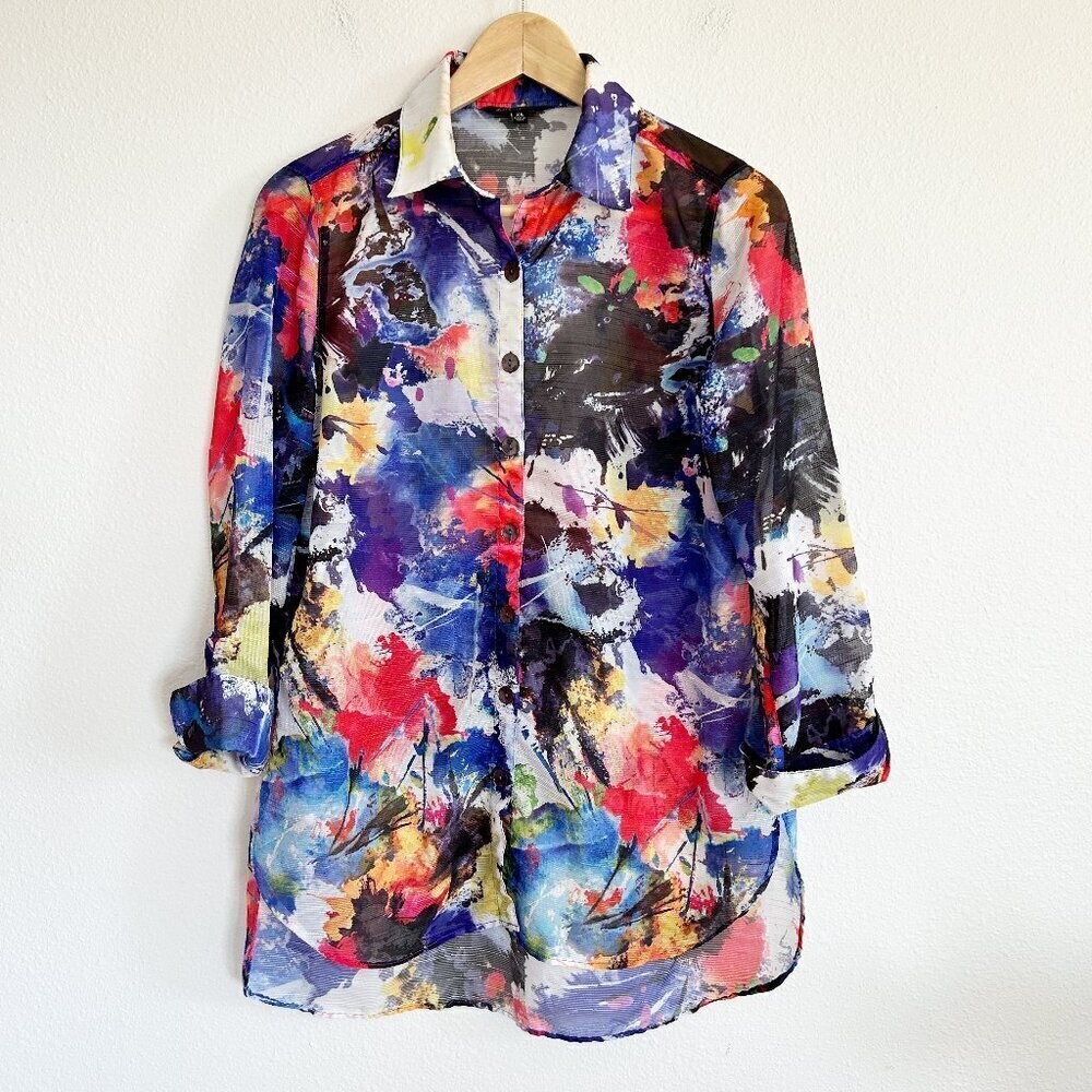 John Mark Blouse Colorful Tunic Art To Wear Button Down Shirt Sheer